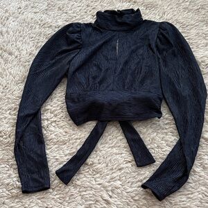 Topshop Dark Blue Gloss Mock Neck Puff-Sleeve Crop Top